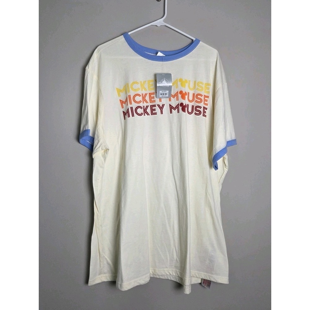 Disney Parks Mickey Mouse Ringer T Shirt XXL‎ Cream Blue Retro Stacked Logo NWT - Picture 2 of 5